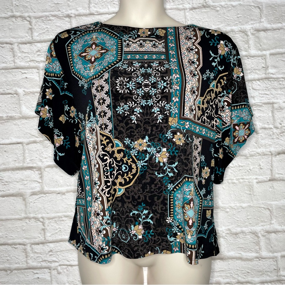 Chico's 2 Floral Knit Kimono Sleeve Blouse Women’s L Black Boat Neck Lightweight